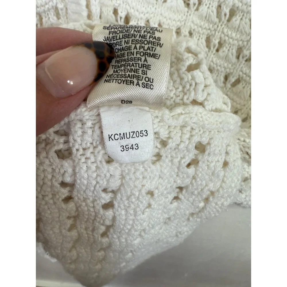 DKNY Women’s Large Cardigan Sweater White Ivory Knit Crochet 3/4 Sleeve cotton